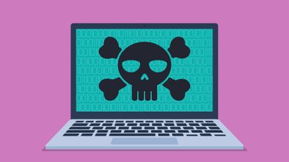 Malware concept image showing a laptop with skull and crossbones on screen, symbolizing a cyber attack.