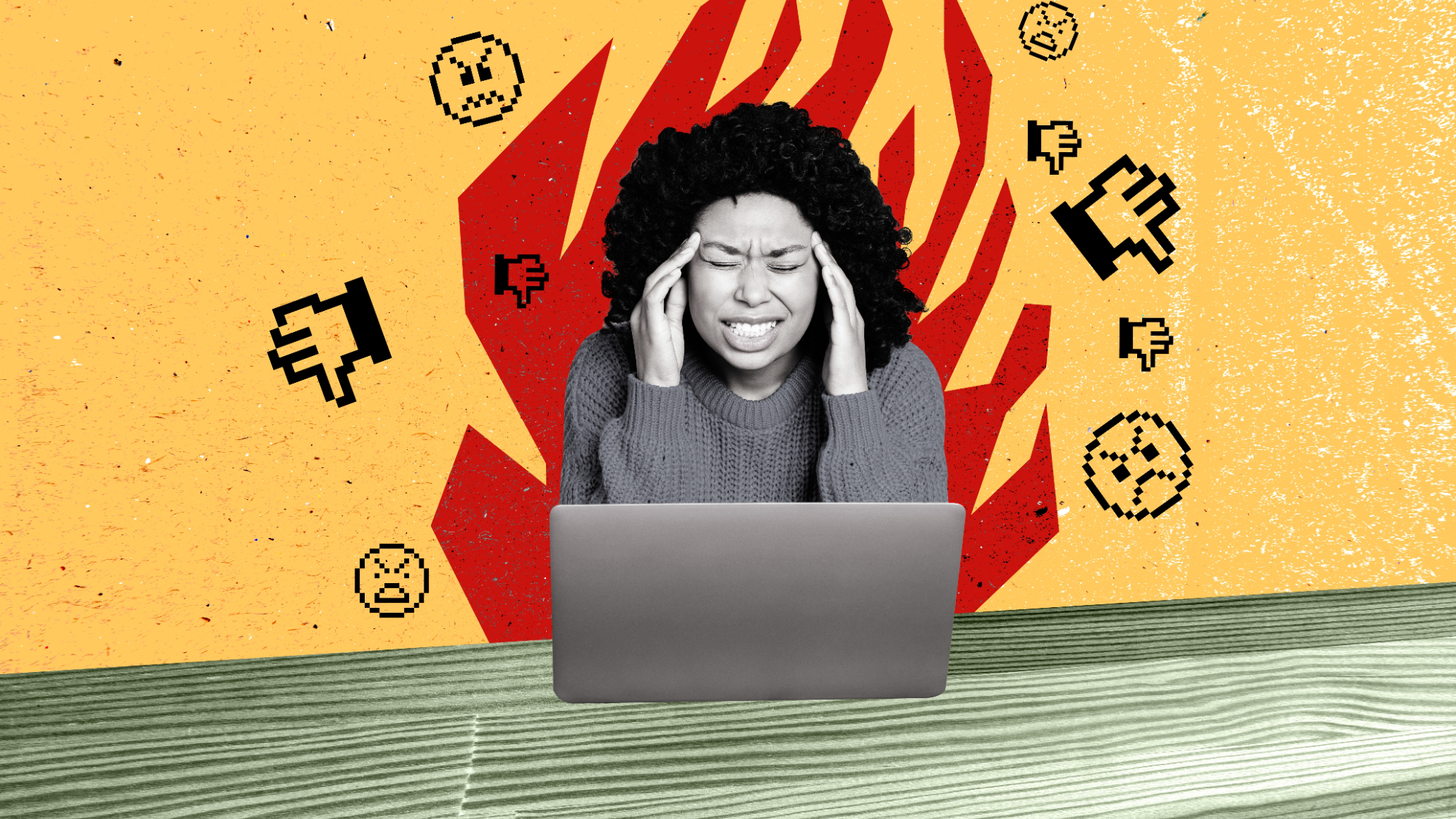 Composite photo collage of upset stressed woman using a MacBook
