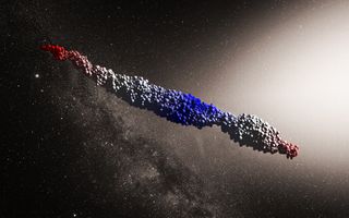 This simulation depicts the interstellar object 'Oumuamua as a mass of fragments forced into an elongated shape by stellar tidal forces.