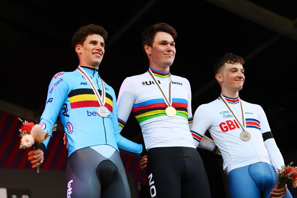 podium (l-r): Alec Segaert (Belgium), S&oslash;ren W&aelig;renskjold (Norway), Leo Hayter (Great Britain) took the medals in Australia
