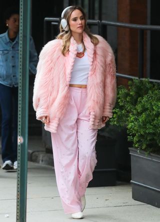 Suki Waterhouse in faux fur coat