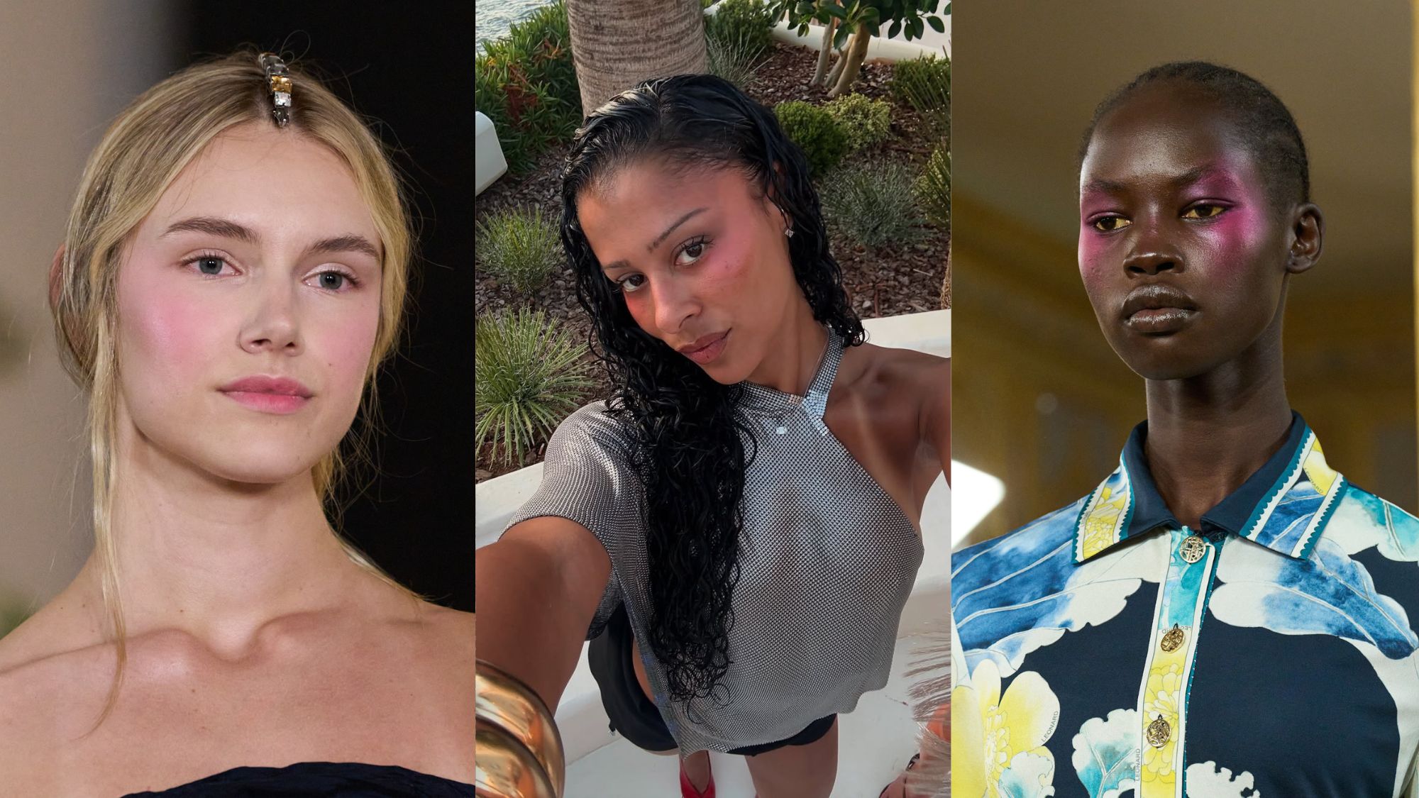 A collage of runway and content creator photos of the subjects wearing statement blush.