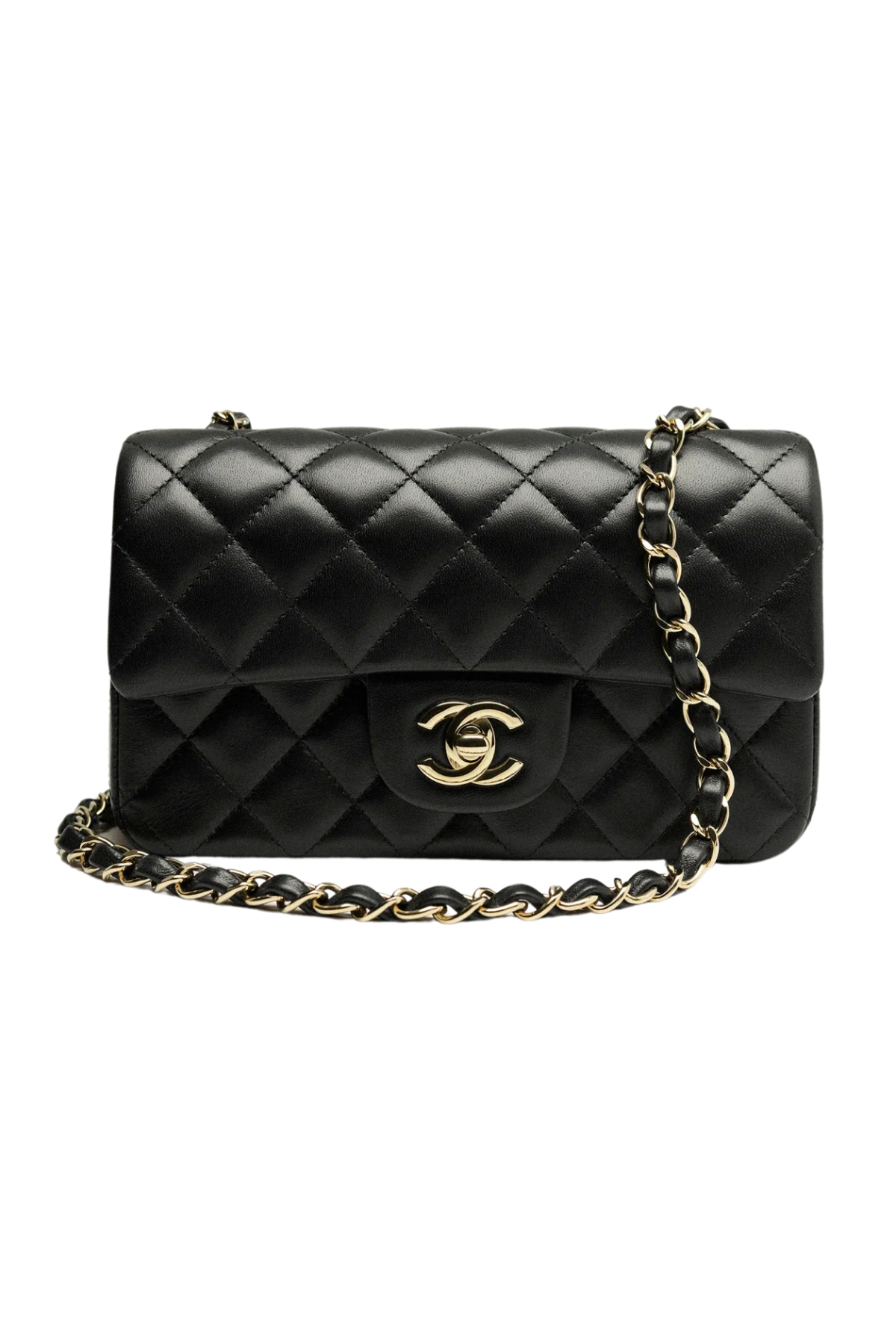 A black mini quilted Chanel flap bag with a gold chain