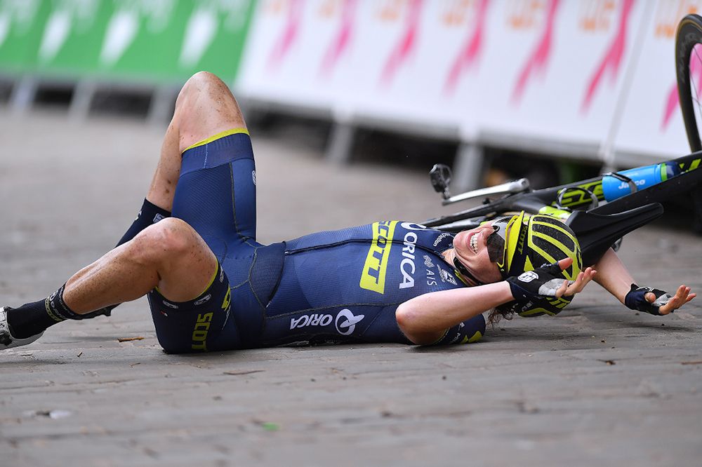 Sarah Roy collapses after winning stage 4 at the Women's Tour