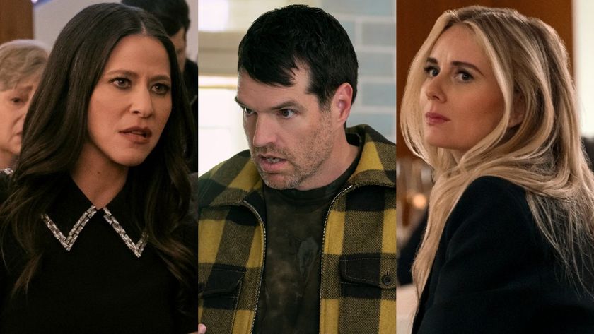 From left to right: Jackie Tohn looking upstet, Timothy Simons looking shocked and Justine Lupe looking sad and over her shoulder. 