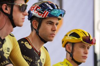 JumboVismas Belgian rider Wout Van Aert C looks on from the stage before the start of the 11th stage of the 110th edition of the Tour de France cycling race 180 km between ClermontFerrand and Moulins in central France on July 12 2023 Photo by Thomas SAMSON AFP Photo by THOMAS SAMSONAFP via Getty Images