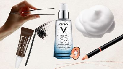 a collage featuring a woman's hand holding tweezers, an eyelure dybrow tube and spoolie, vichy mineral 89 serum, a lip pencil with swatches and a blob of tanning foam