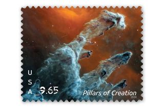 stamp showing a hand-shaped grayish nebula against a reddish-orange background, with the words "pillars of creation" at the bottom right.