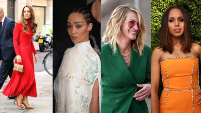 4 pictures of celebrities with styled haircuts. L-R: Catherine, Princess of Wales, Ruth Negga, Julia Roberts and Kerry Washington.