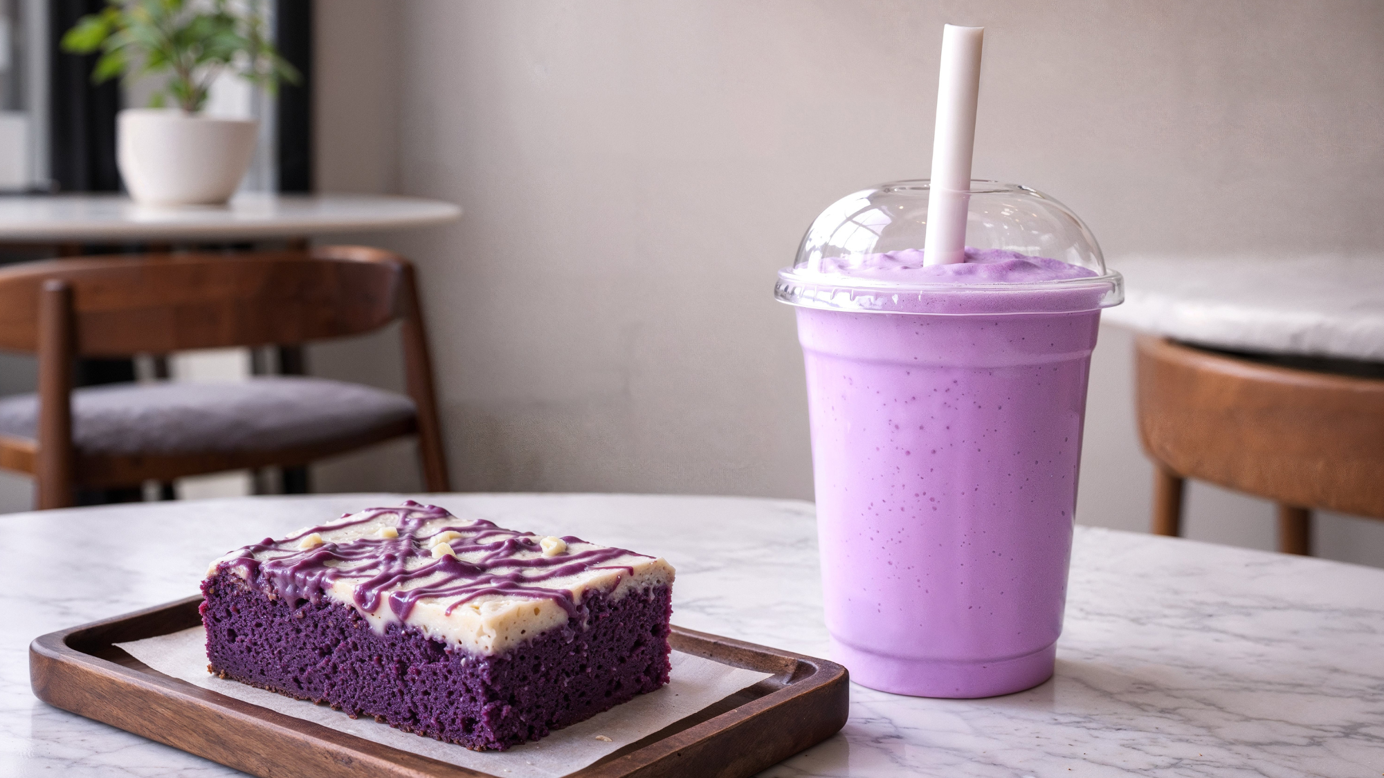 An iced ube latte and an ube-flavoured brownie on a dining table in a caf&eacute;