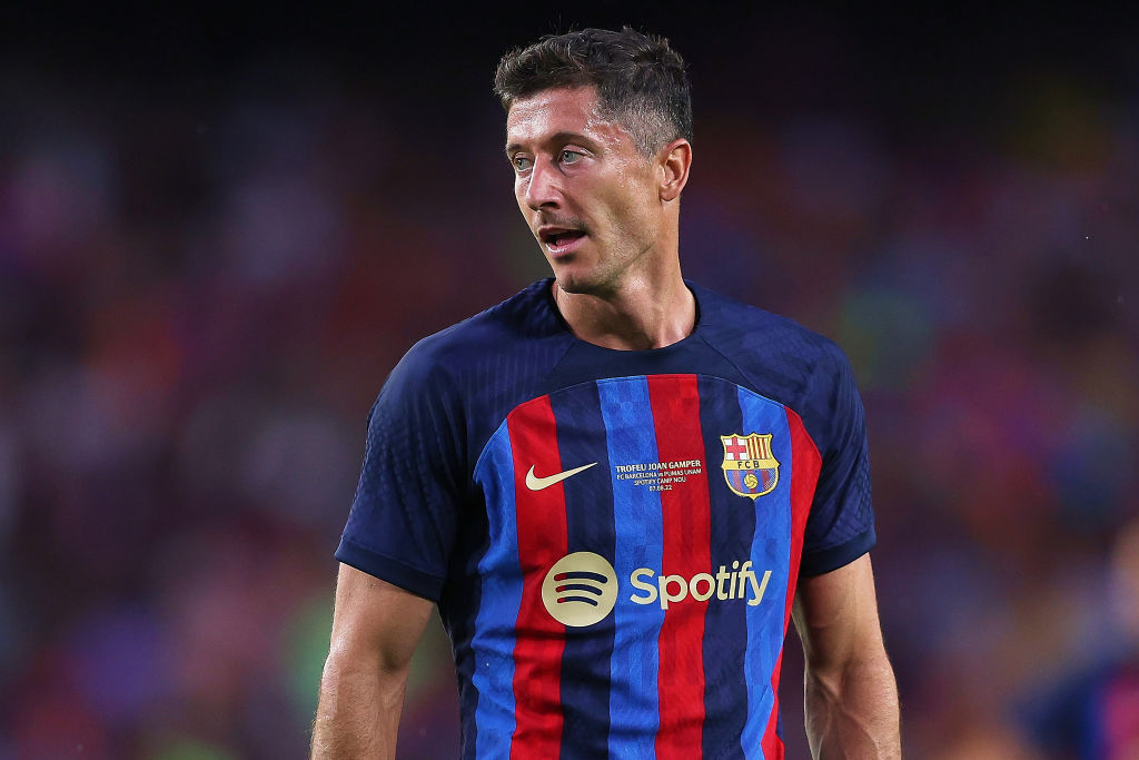 Robert Lewandowski FC Barcelona looks on during the Joan Gamper Trophy match between FC Barcelona and Pumas UNAM at Spotify Camp Nou on August 07, 2022 in Barcelona, Spain.