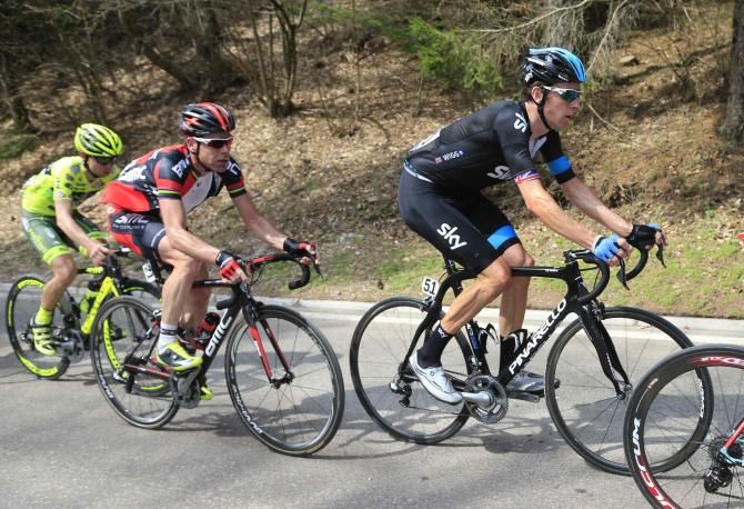 Evans follows Wiggins on the day's final climb to Vetriolo Terme