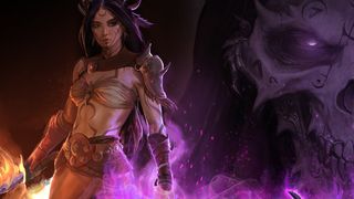 Darkhaven key art showing a woman radiating magical energy next to a skull with glowing eyes.