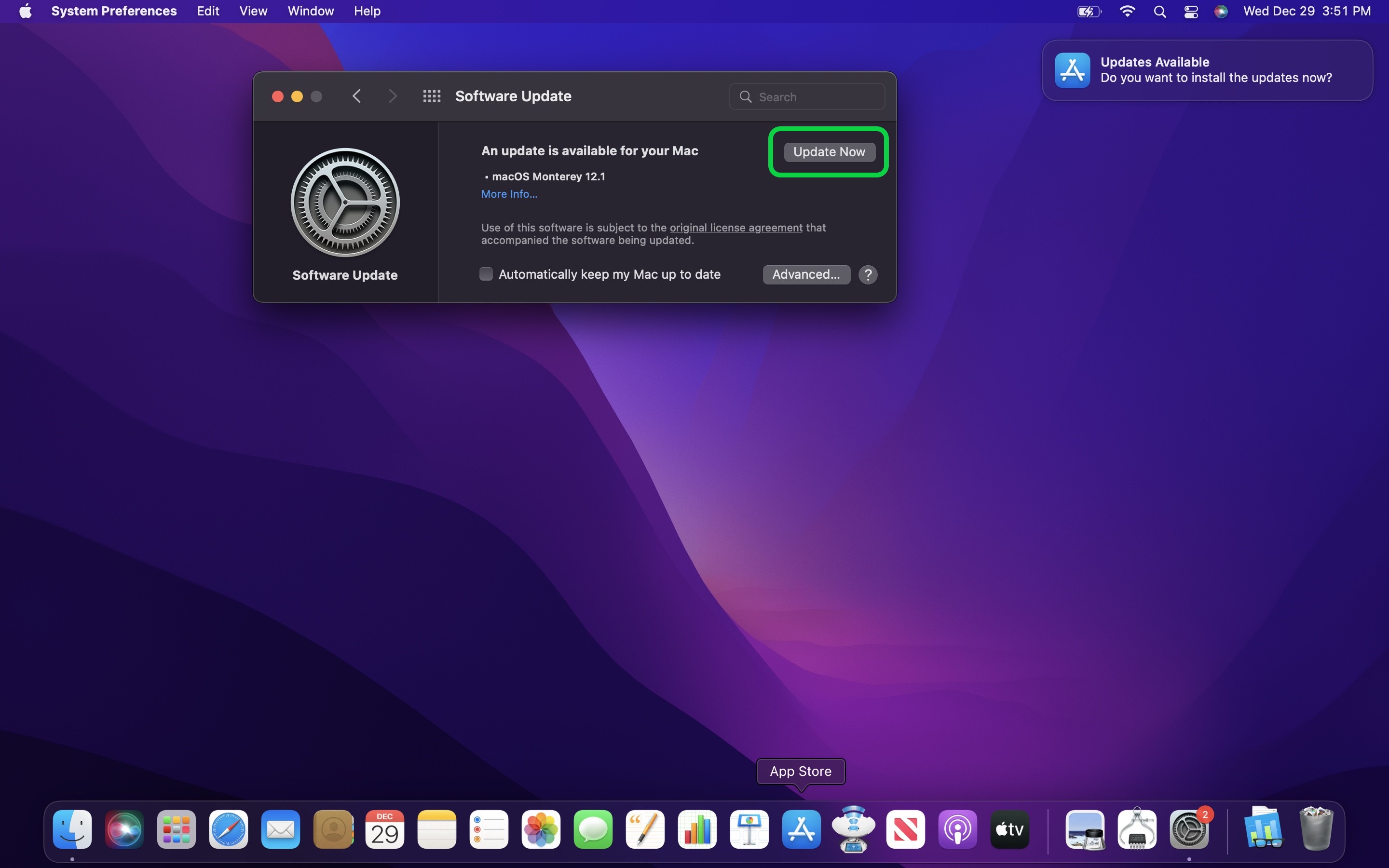 macOS Monterey desktop showing Software Update utility open