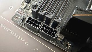 A close-up photo of the CPU power sockets on an MSI MEG Z890 Ace motherboard