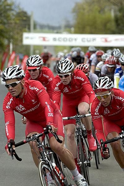 Drapac Porsche (l-r): Rhys Pollock, Zak Dempster, Thomas Palmer and Joseph Lewis in action in Westbury.