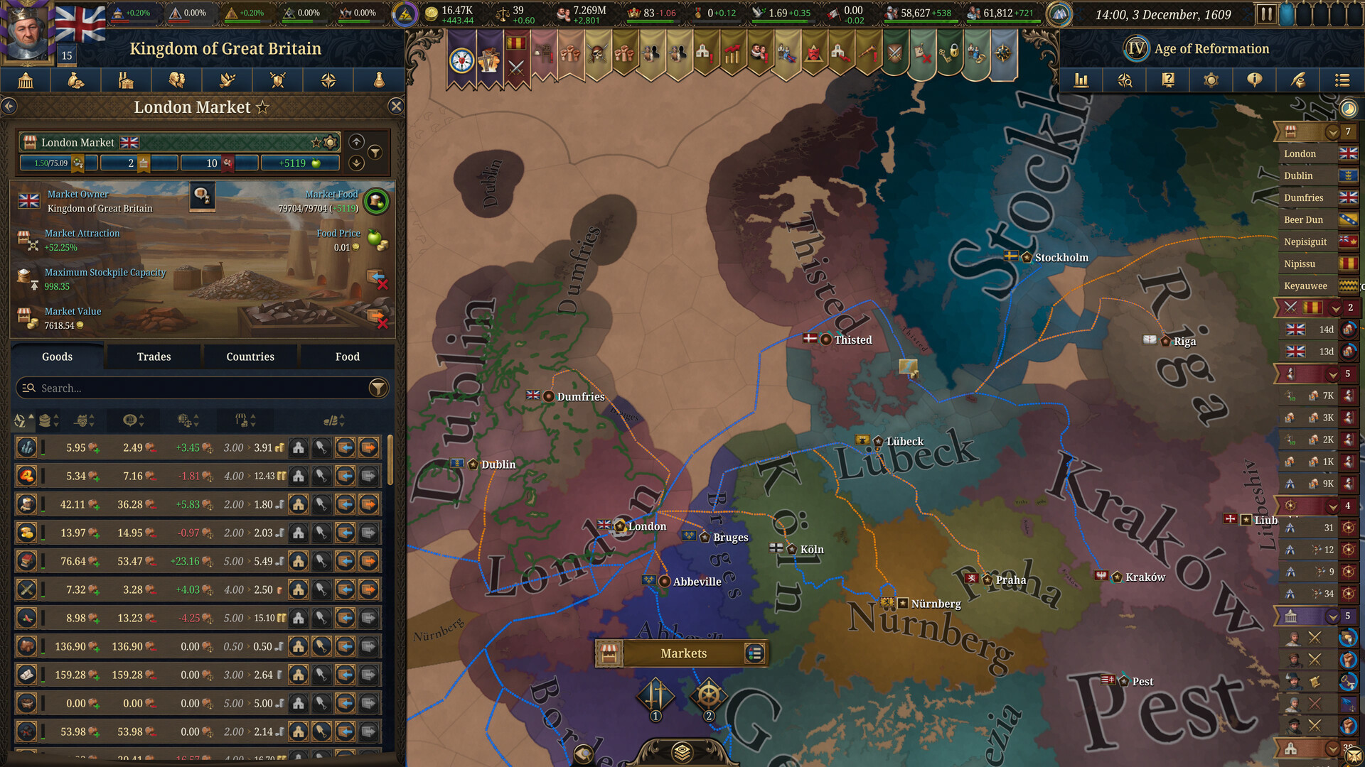 A screenshot of the map showing a player as Britain during one of the best strategy games of all time, Europa Universalis 5.