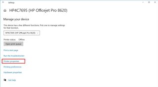 Windows 10 printer properties option
