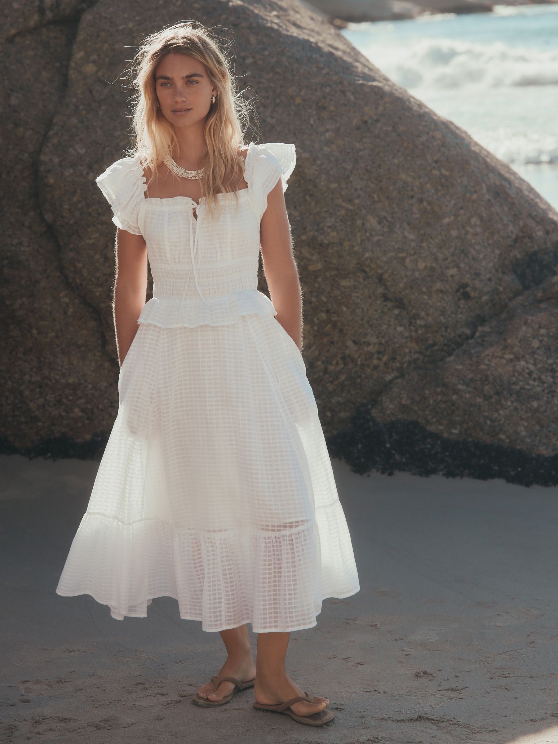 White Flutter Sleeve Square Neck Dress - Size 6