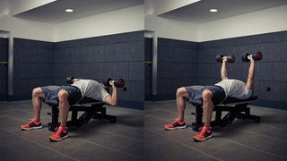 Man demonstrates two positions of the dumbbell bench press