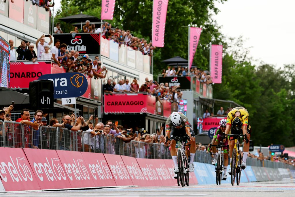 TREVISO ITALY MAY 26 LR Magnus Cort Nielsen of Denmark and Team EF Education Easypost Dries De Bondt of Belgium and Team Alpecin Fenix Davide Gabburo of Italy and Team Bardiani CSF Faizane and Edoardo Affini of Italy and Team Jumbo Visma sprint to win during the 105th Giro dItalia 2022 Stage 18 a 156km stage from Borgo Valsugana to Treviso Giro WorldTour on May 26 2022 in Treviso Italy Photo by Michael SteeleGetty Images