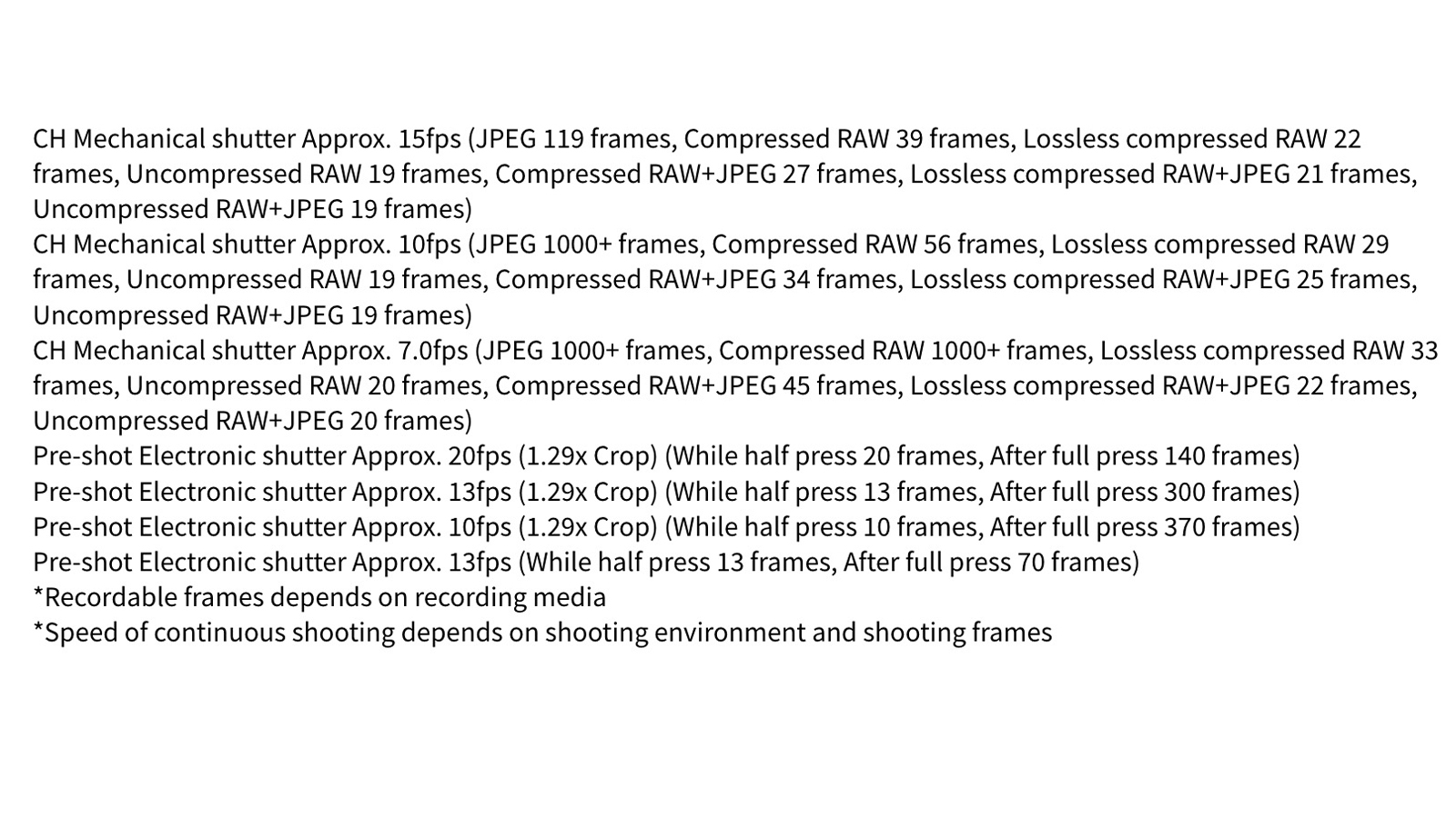 The continuous shooting specs of the Fujifilm X-T5