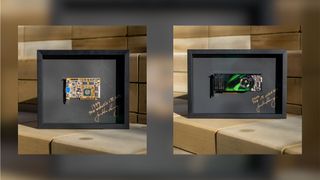 Nvidia's 256 and 8800 Ultra GPUs in black frames, both signed by Nvidia CEO Jensen Huang