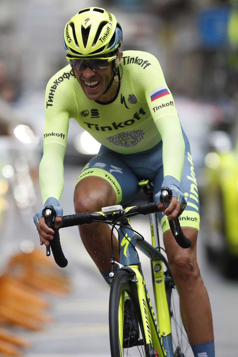 Alberto Contador approaches the finish line