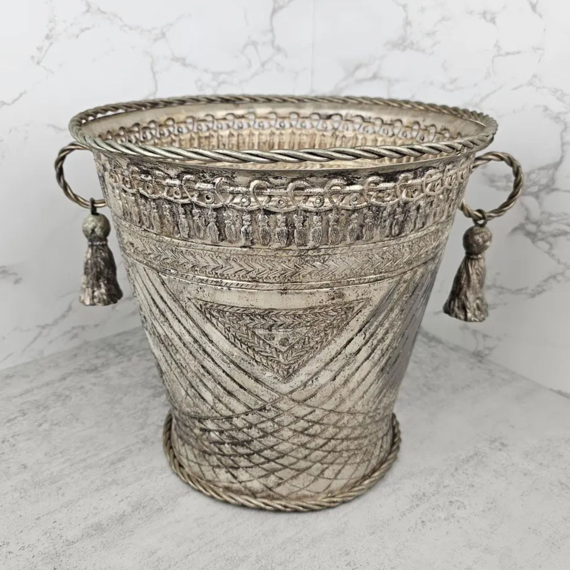 Vintage Moroccan silver Hammam hammered reticulated bucket