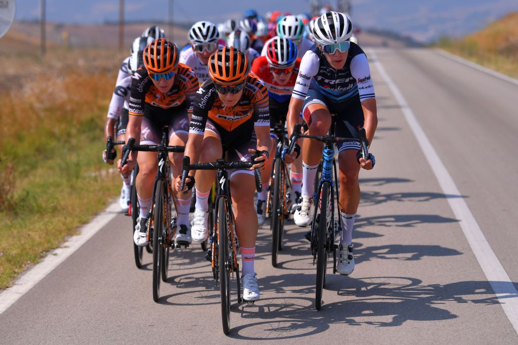 SANMARCOLACATOLA ITALY SEPTEMBER 18 Jolien Dhoore of Belgium and Boels Dolmans Cycling Team Anna Van Der Breggen of The Netherlands and Boels Dolmans Cycling Team Amy Pieters of The Netherlands and Boels Dolmans Cycling Team Ellen Van Dijk of The Netherlands and Team Trek Segafredo Peloton during the 31st Giro dItalia Internazionale Femminile 2020 Stage 8 a 915km stage from Castelnuovo della Daunia to San Marco la Catola 640m GiroRosaIccrea GiroRosa on September 18 2020 in San Marco la Catola Italy Photo by Luc ClaessenGetty Images