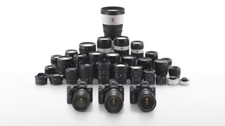 A collection of Sony mirrorless lenses on white background