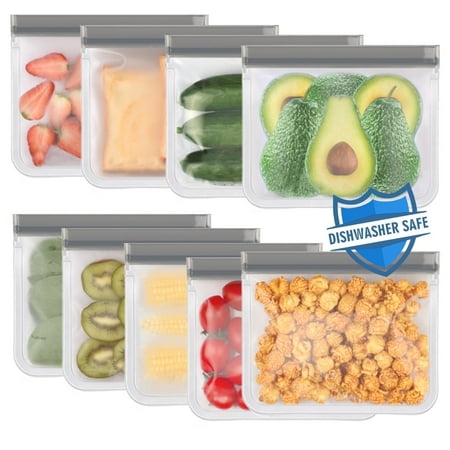 Lerine 9 Pack Dishwasher Safe Silicone Reusable Sandwich Bags, Leakproof Double Zipper, Freezer Bags