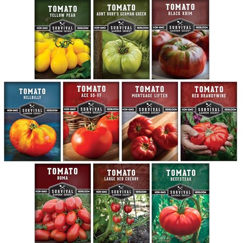 Tomato Seeds 10 Variety Pack for Planting - Black Krim, Roma, Cherry, Aunt Ruby's Green, Hillbilly, Mortgage Lifter, Brandywine, &amp;amp; More - Non-Gmo Heirloom Tomatoes - Survival Garden Seeds