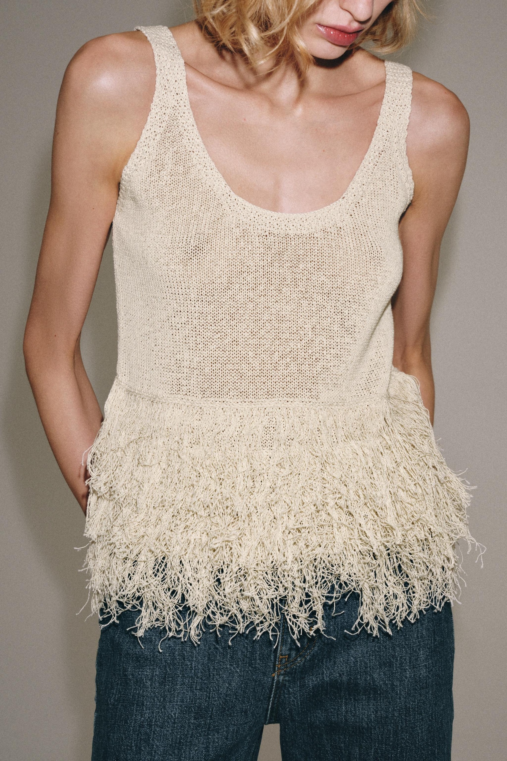 Zara, Fringed Knit Top