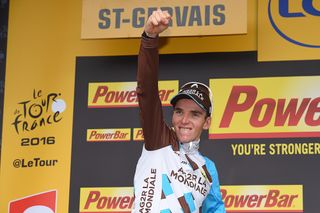 Romain Bardet celebrates his stage 19 win on the Tour de France podium