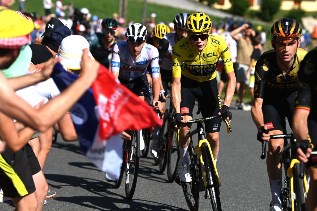 MORZINE LES PORTES DU SOLEIL FRANCE JULY 15 LR Tadej Pogacar of Slovenia and UAE Team Emirates White best young jersey and Jonas Vingegaard of Denmark and Team JumboVisma Yellow leader jersey compete in the breakaway during the stage fourteen of the 110th Tour de France 2023 a 1518km stage from Annemasse to Morzine les Portes du Soleil UCIWT on July 15 2023 in Morzine les Portes du Soleil France Photo by Tim de WaeleGetty Images