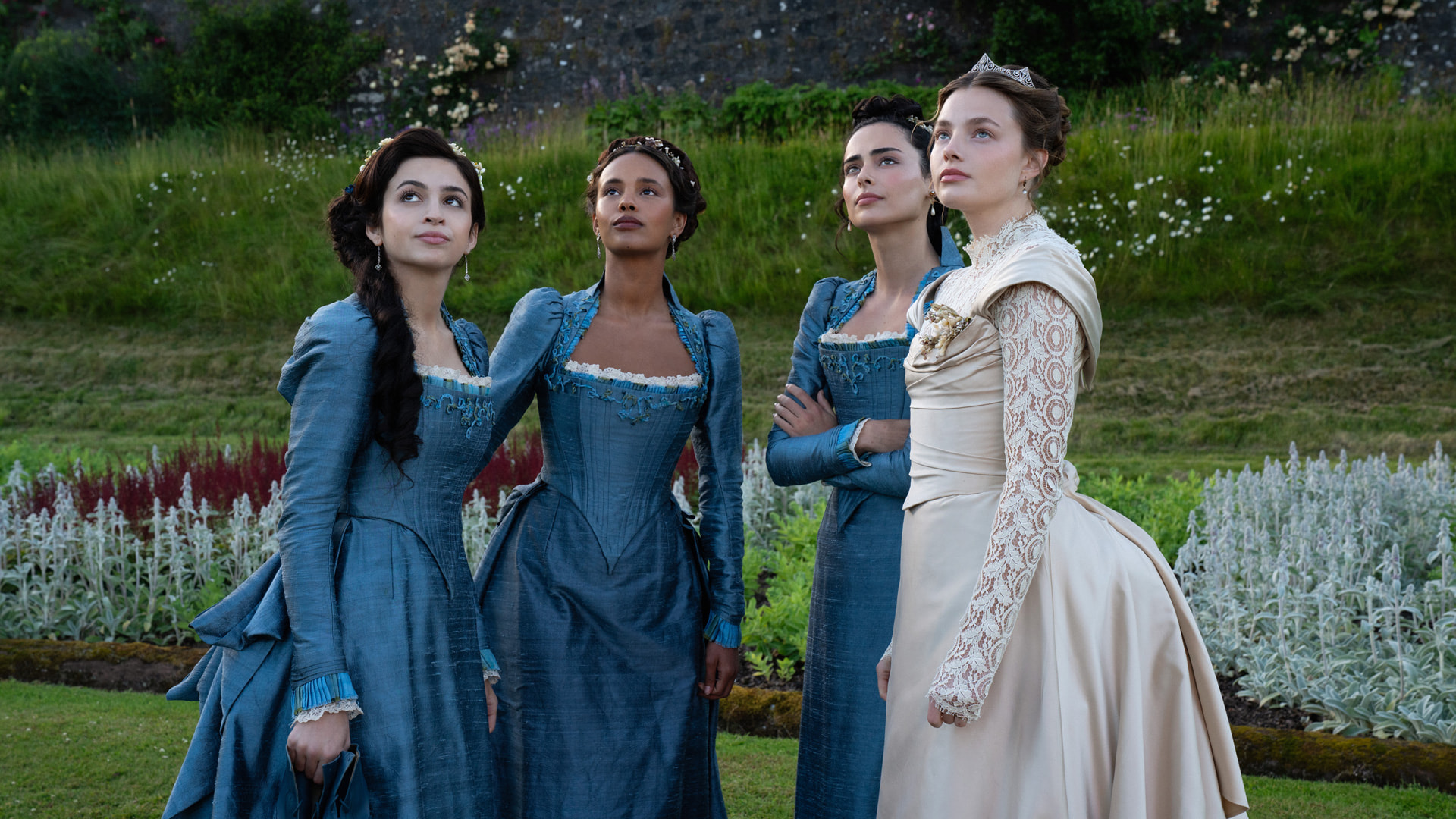Josie Totah, Alisha Boe, Aubri Ibrag, and Krstine Froseth in a scene from The Buccaneers season two