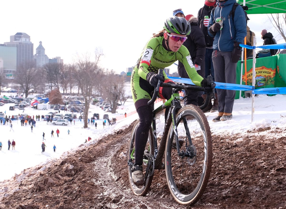 Kaitie Antonneu (Cannondale) racing about ten seconds behind Amanda Miller