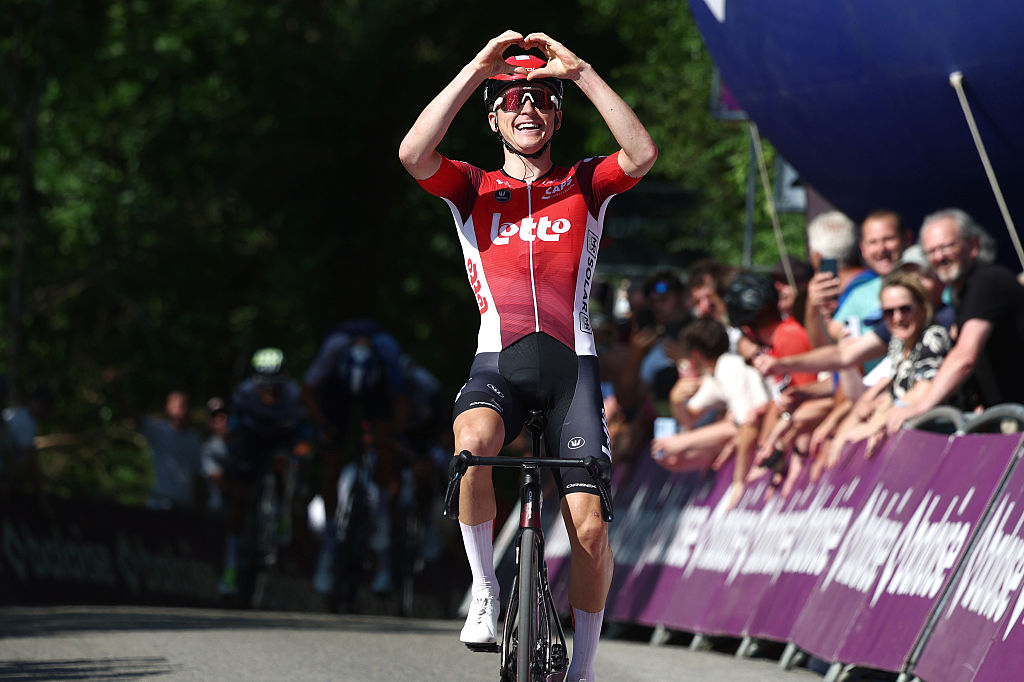 DURBUY, BELGIUM - JUNE 21: Jenno Berckmoes of Belgium and Team Lotto celebrates at finish line as stage winner during the 94th Baloise Belgium Tour 2025, Stage 4 a 173km stage from Durbuy to Durbuy on June 21, 2025 in Durbuy, Belgium. (Photo by Rhode Van Elsen/Getty Images)