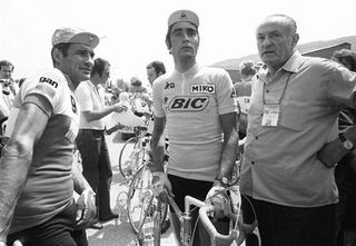 Mercier rider Raymond Poulidor (l) and Luis Ocana wait for the stage start in the 1973 Tour.