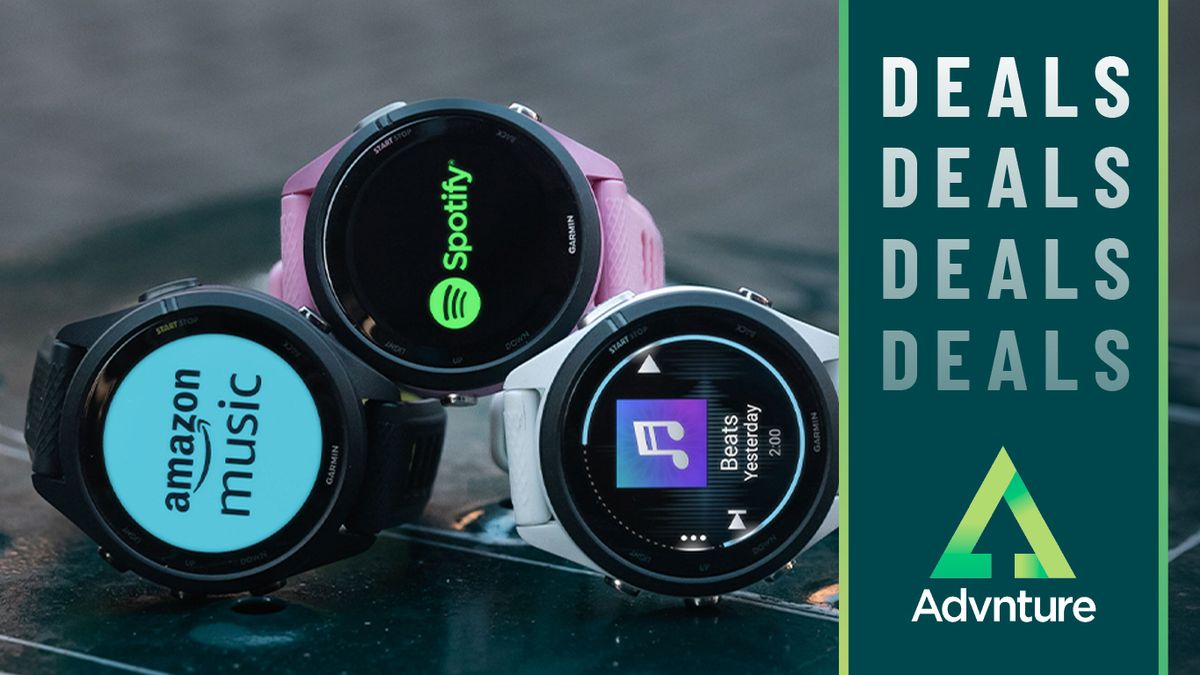 Garmin Forerunner 265S watch in three colors showing music apps on screen