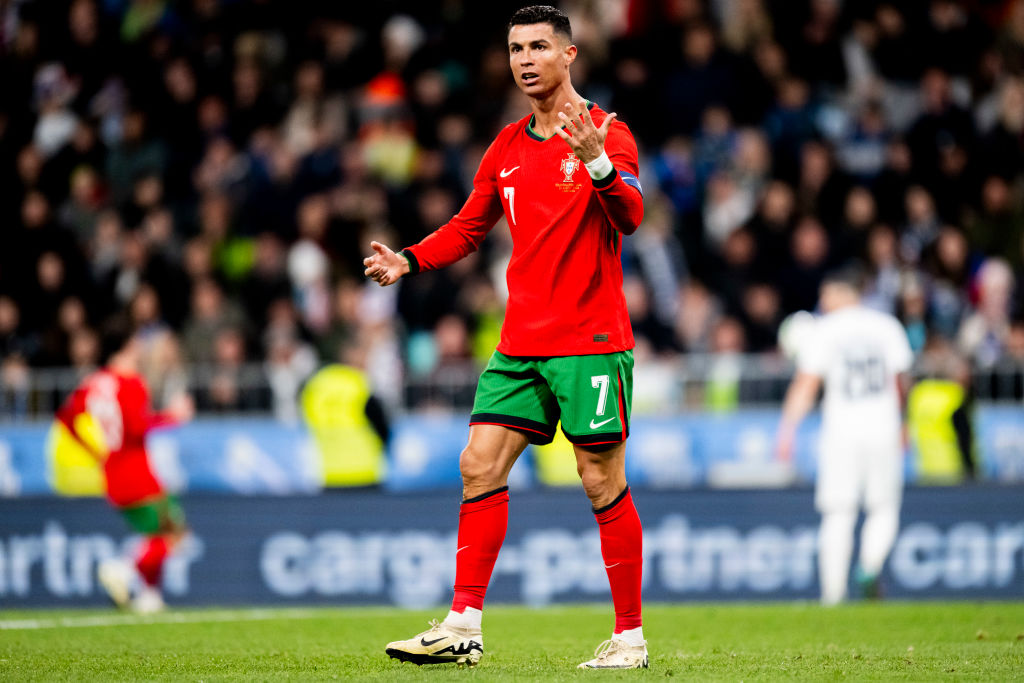 Cristiano Ronaldo of Portugal reacts during the international friendly match between Slovenia and Portugal on March 26, 2024 in Ljubljana, Slovenia.(Photo by Jurij Kodrun/Getty Images)