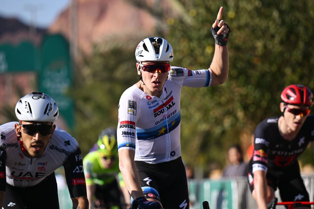 Tim Merlie celebrates his first win at the 2025 AlUla Tour
