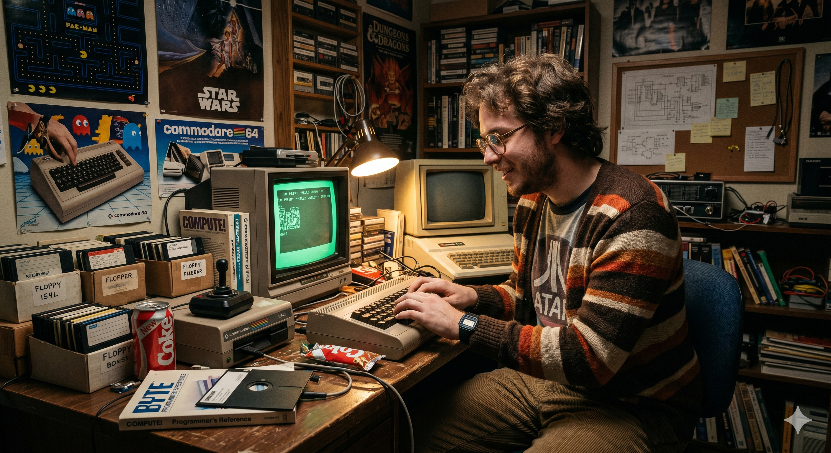 An AI-generated image of a 1980s PC nerd.