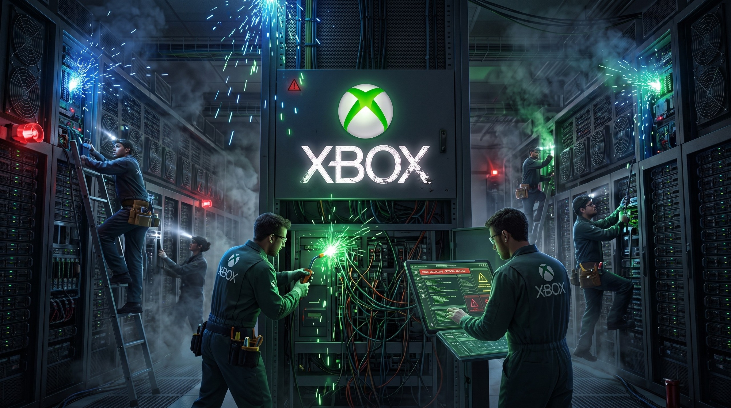 Technicians in Xbox uniforms work on servers in a high-tech data center, with sparks and green lighting highlighting the Xbox logo on a central display.