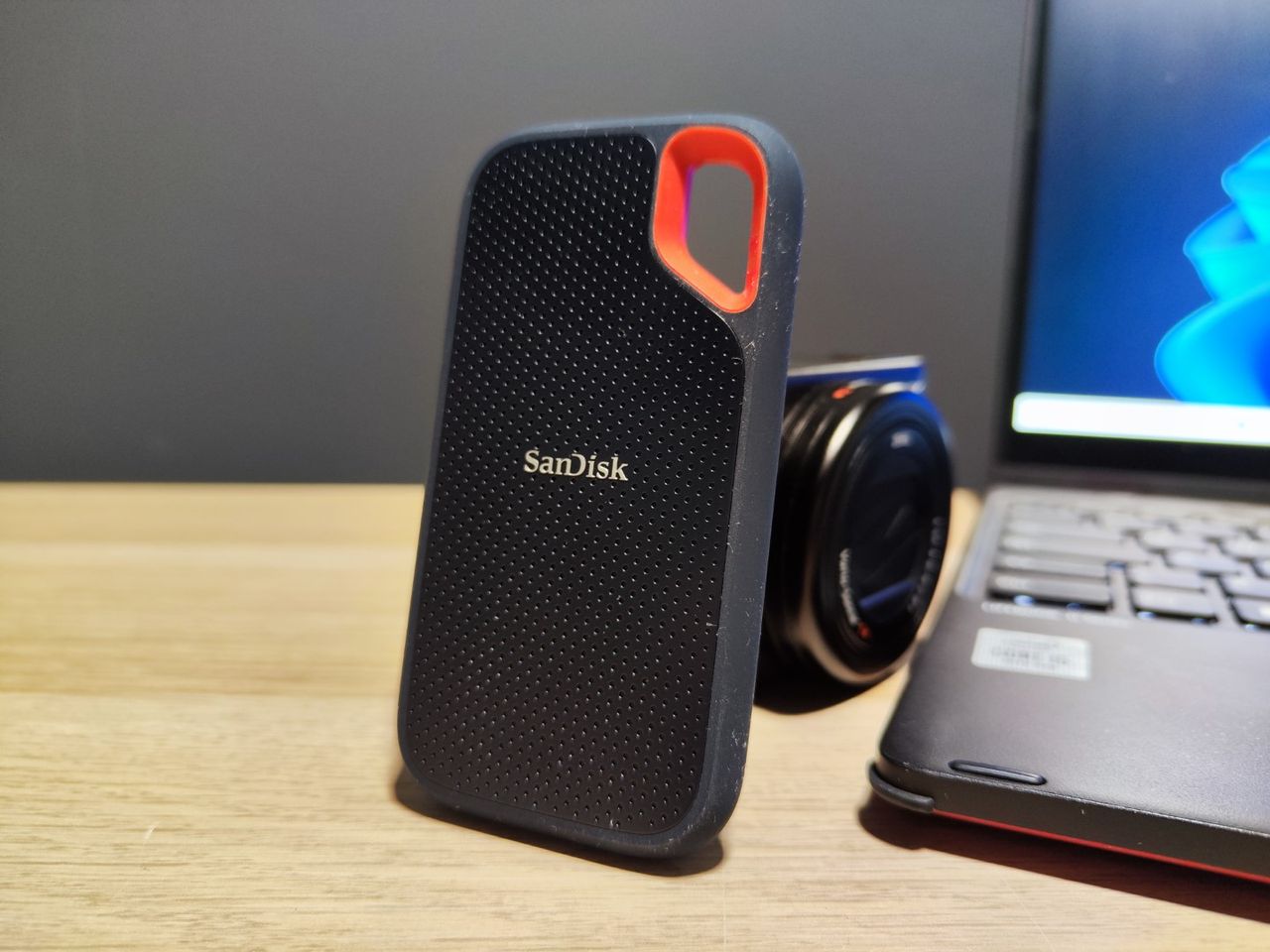 SanDisk Extreme Portable SSD on a home office desk during our tests