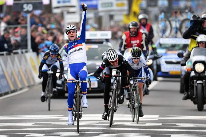 Marianne Vos (Rabobank Liv/Giant) celebrates victory at the 2013 Tour of Flanders after outsprinting her three breakaway companions