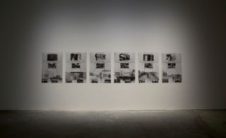 Six photos on a wall each showing a person standing outside.