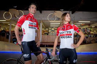 Nikolas Maes and Puck Moonen model the 2018 Lotto Soudal team kit.