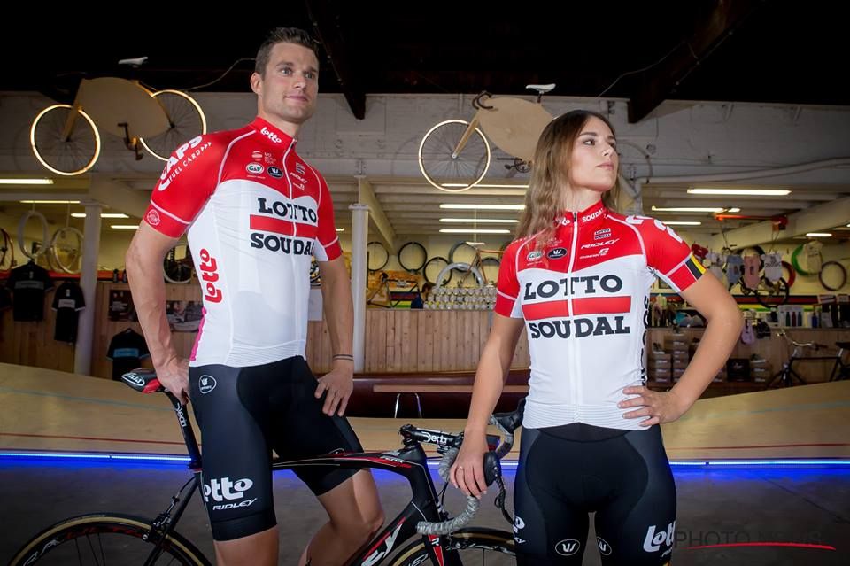 Nikolas Maes and Puck Moonen model the 2018 Lotto Soudal team kit.
